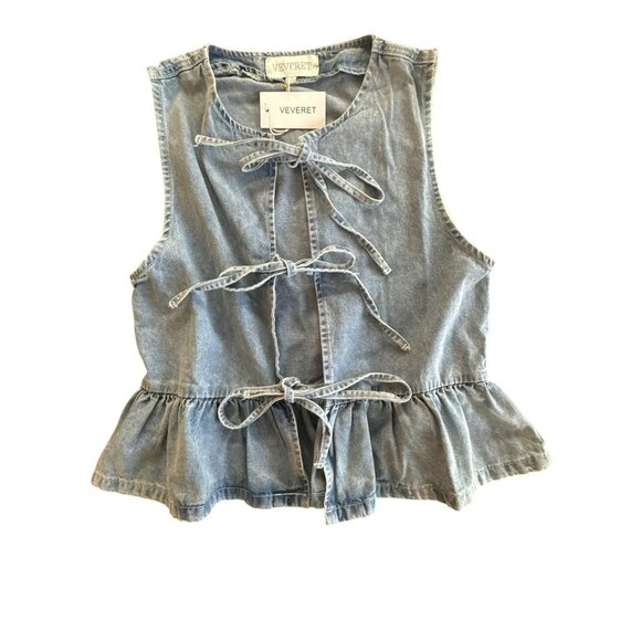 Veveret Tie Front Sleeveless Denim Top Size Small NWT Blue Western Jean Vest - Picture 1 of 5